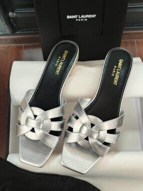 Saint Laurent Silver Woven Square-Toe Slide Sandals